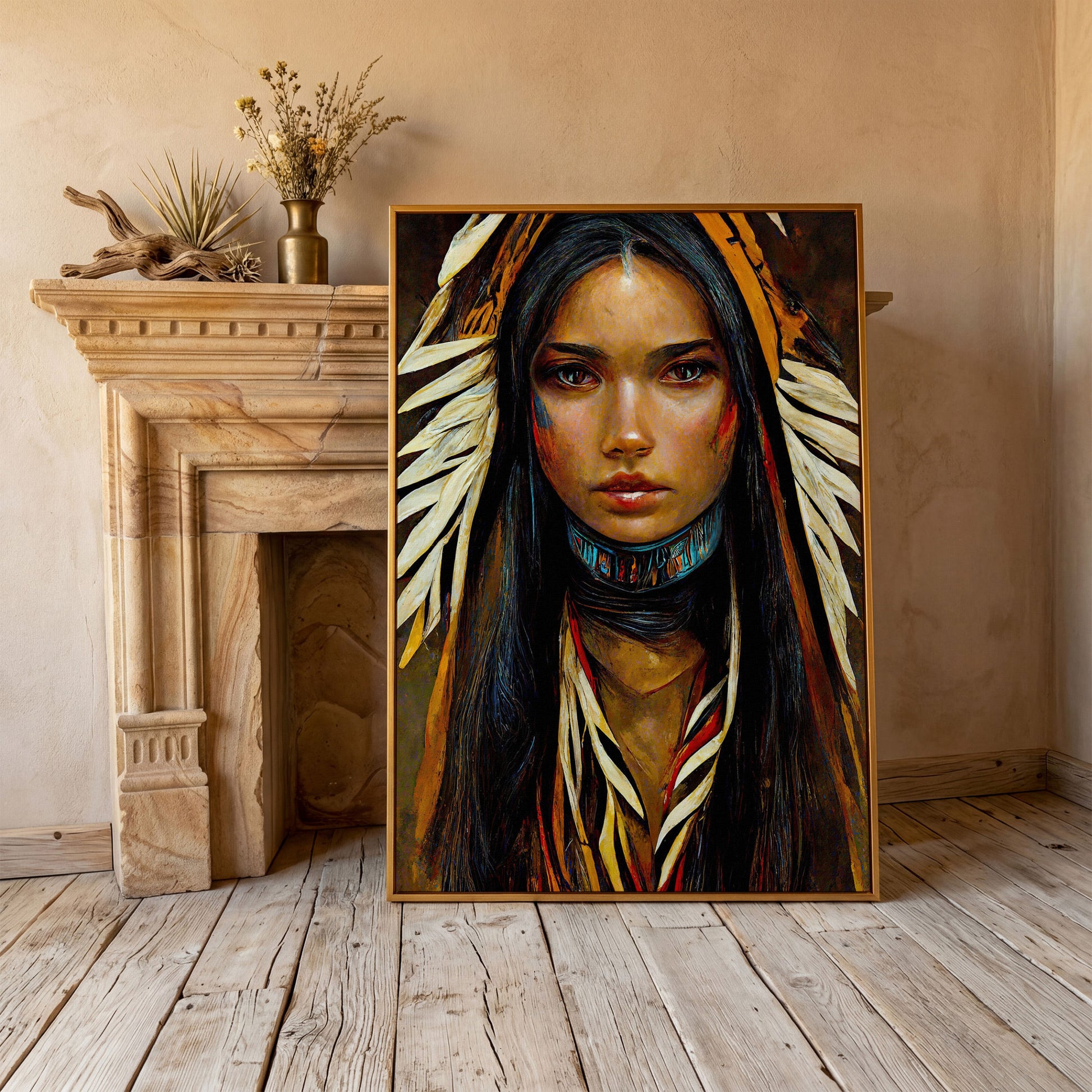 Sacagawea Portrait Canvas Print in antique gold floating frame