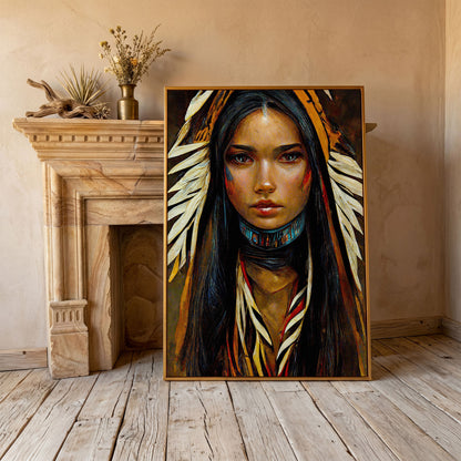 Sacagawea Portrait Canvas Print in antique gold floating frame