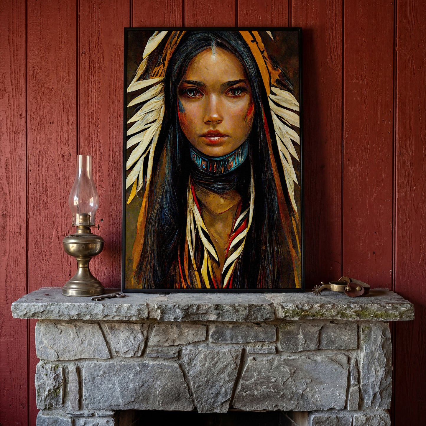 Sacagawea Portrait Canvas Print in black floating frame
