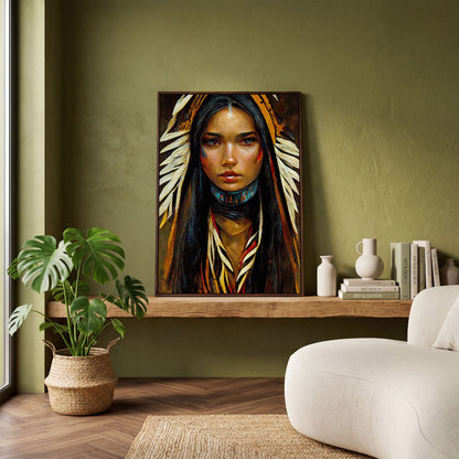 Sacagawea Portrait Canvas Print in dark walnut floating frame