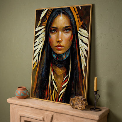 Sacagawea Portrait Canvas Print in white oak floating frame