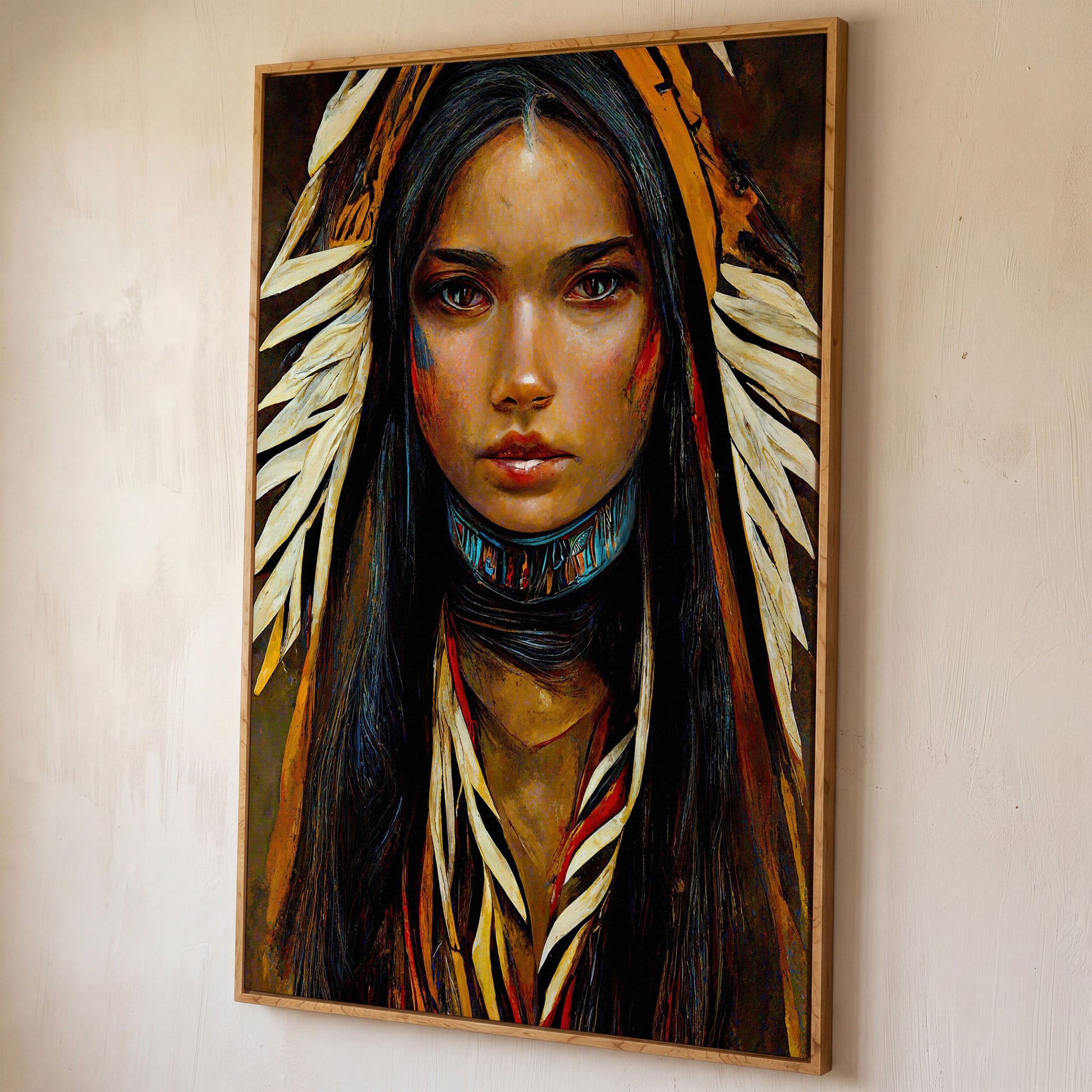Sacagawea Portrait Canvas Print shown in white oak floating frame