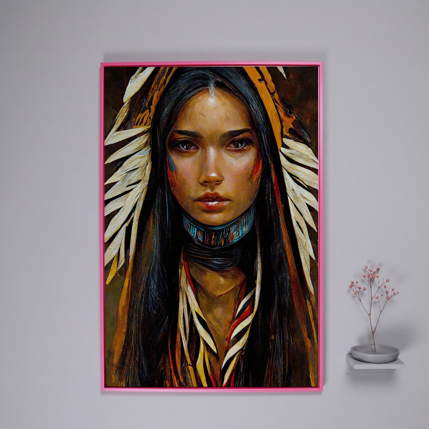 Sacagawea Portrait Canvas Print in pink floating frame