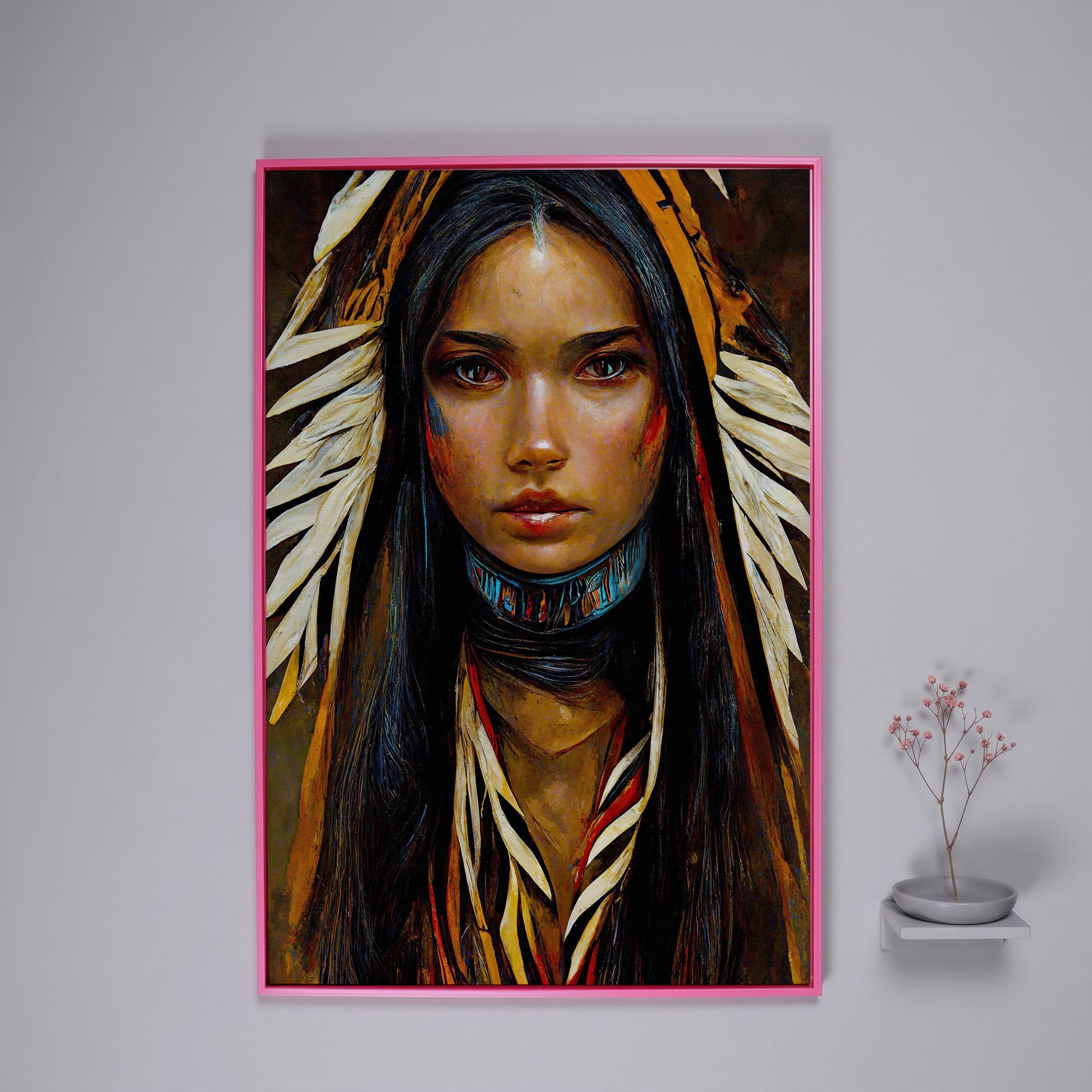 Sacagawea Portrait Canvas Print in pink floating frame