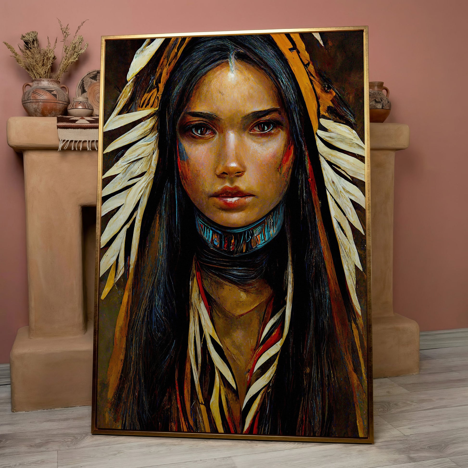 Sacagawea Portrait Canvas Print in rose gold floating frame