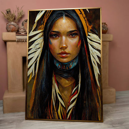 Sacagawea Portrait Canvas Print in rose gold floating frame