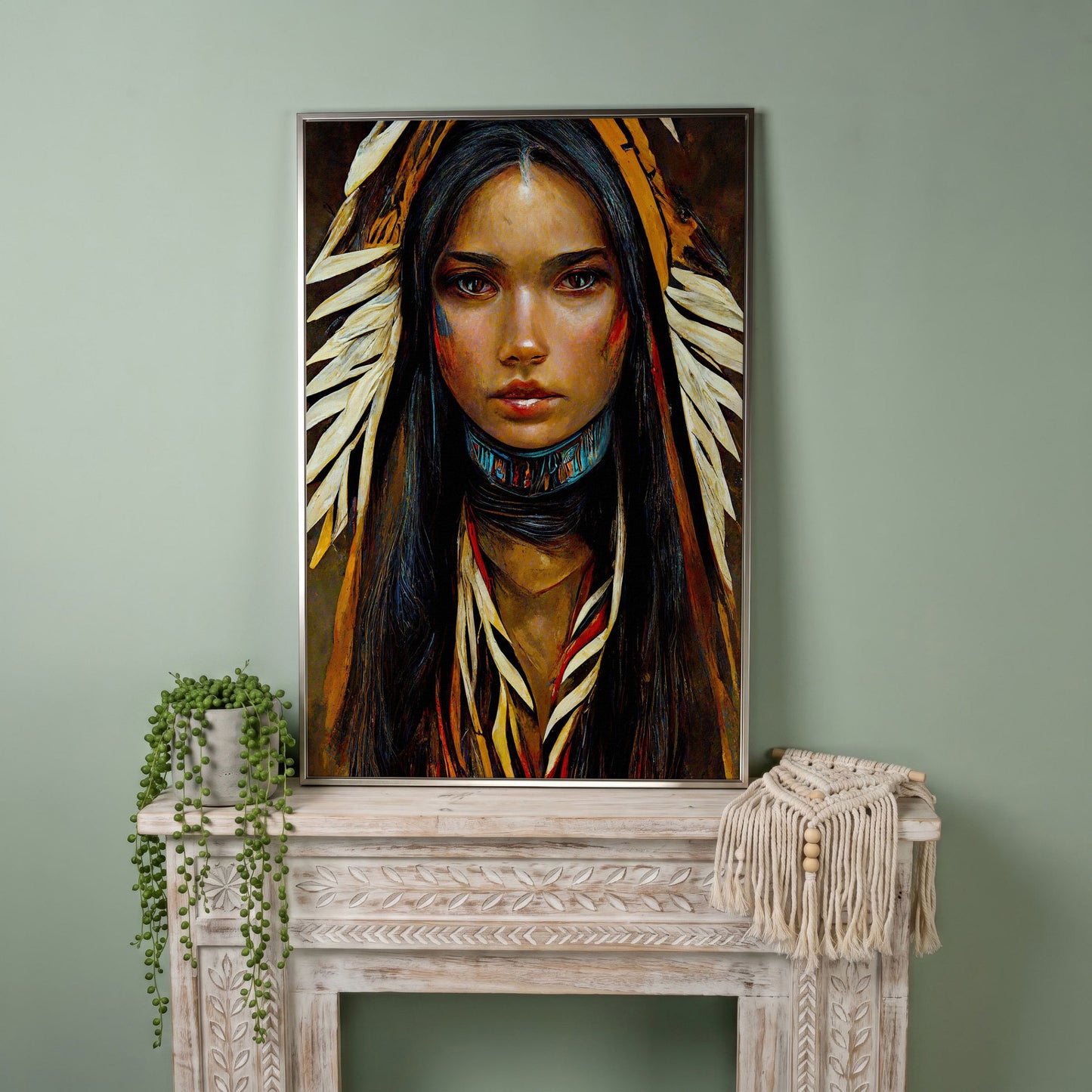 Sacagawea Portrait Canvas Print in silver floating frame
