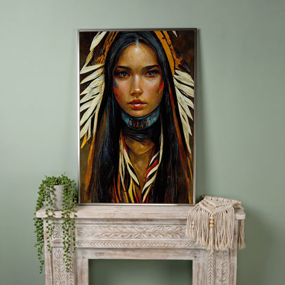Sacagawea Portrait Canvas Print in silver floating frame