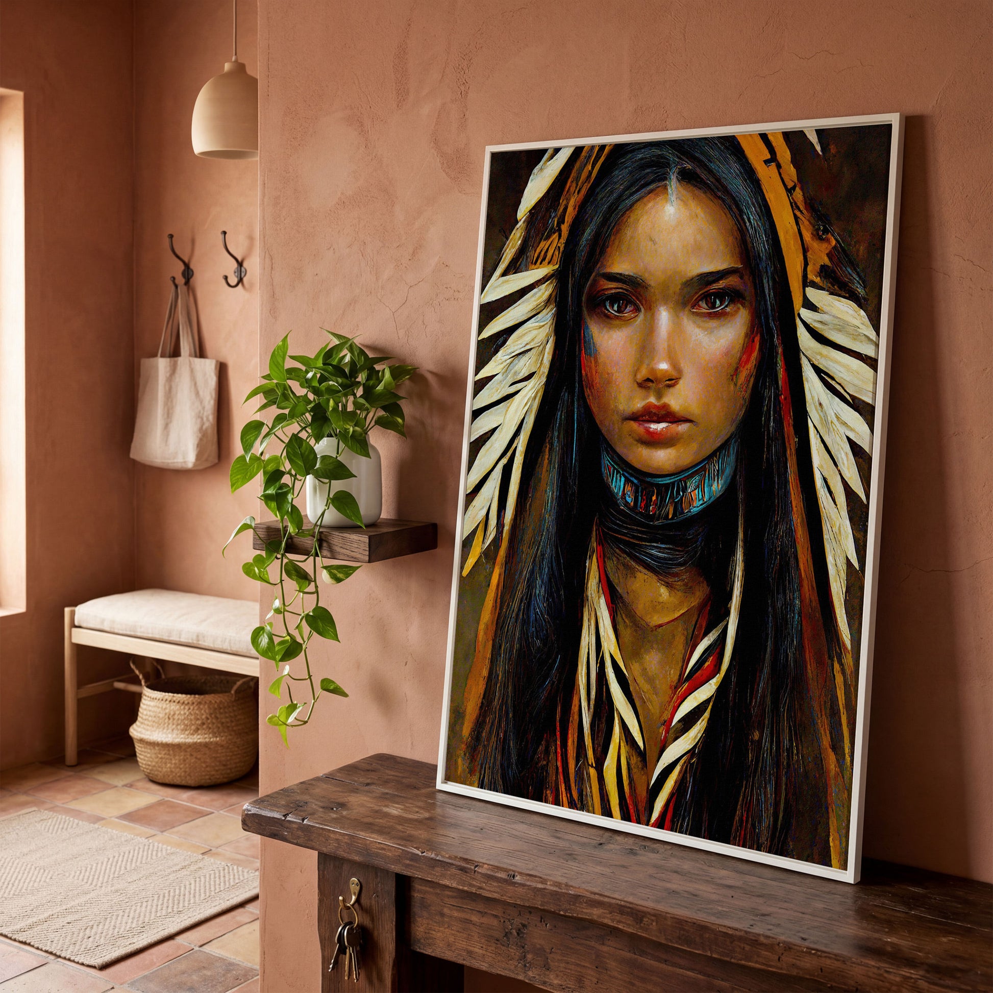 Sacagawea Portrait Canvas Print in white floating frame
