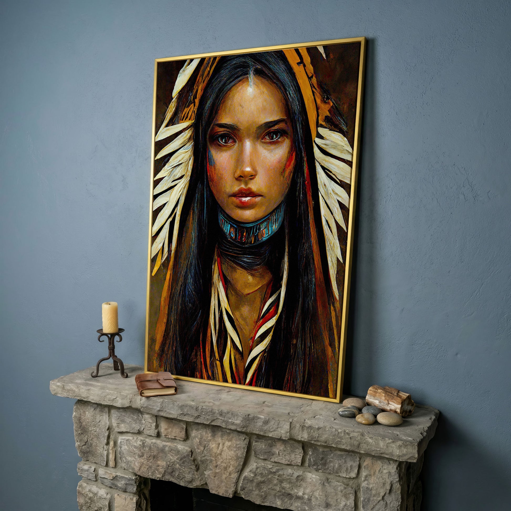 Sacagawea Portrait Canvas Print in yellow gold floating frame