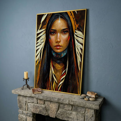 Sacagawea Portrait Canvas Print in yellow gold floating frame