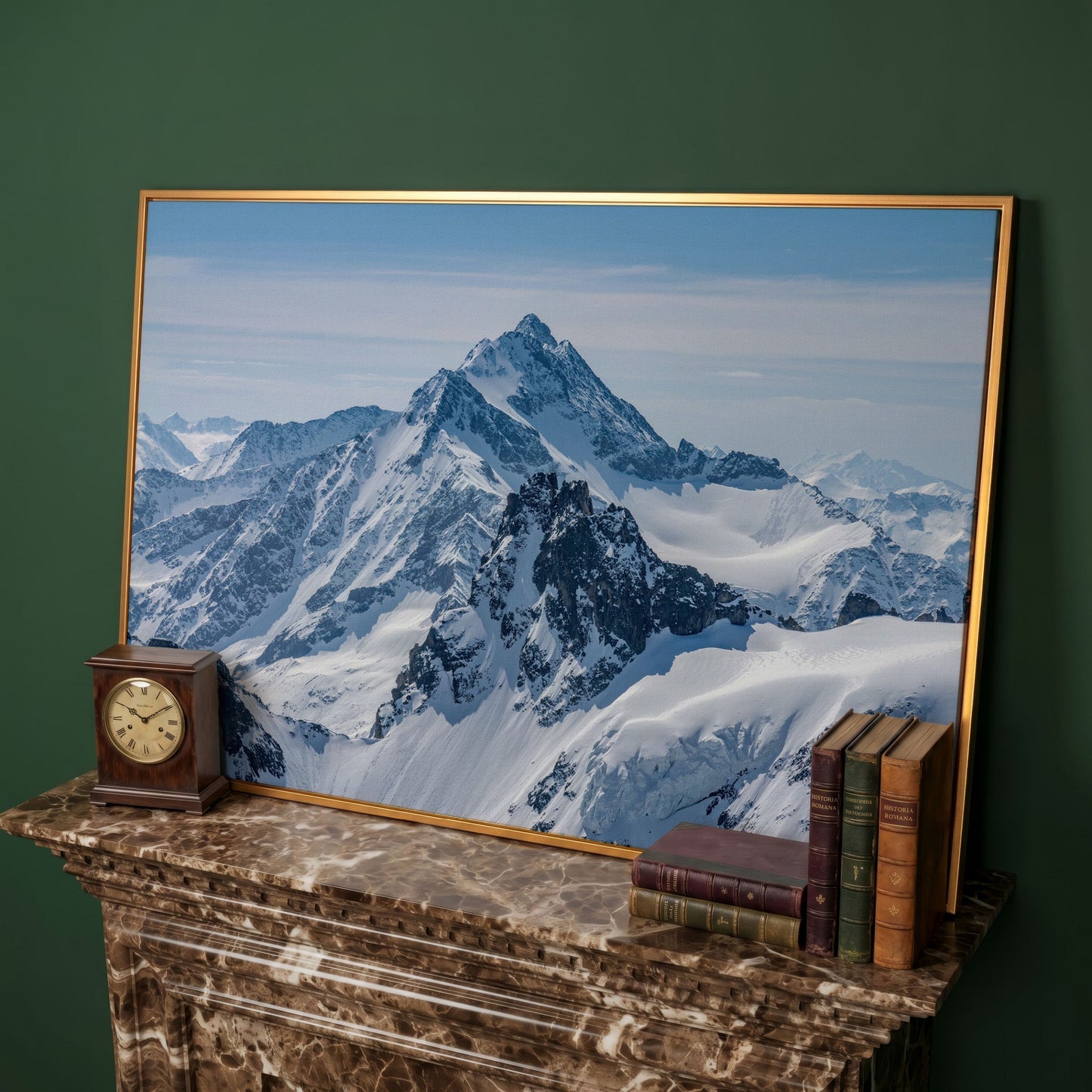 Snow Alps and Blue Sky Panoramic Canvas in antique gold floating frame