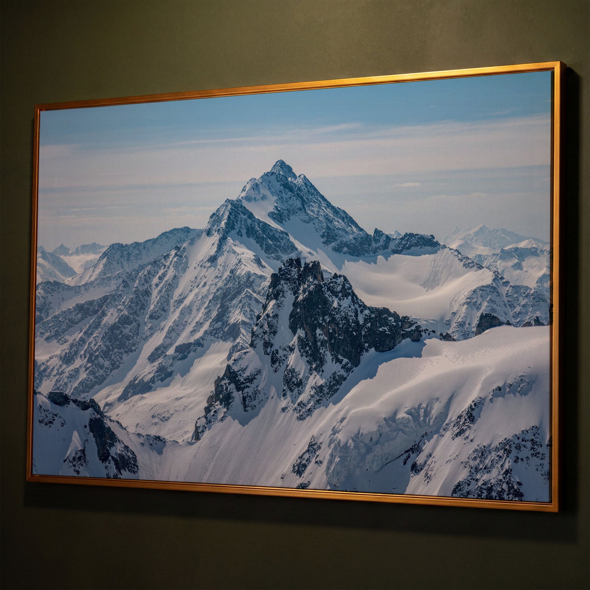 Snow Alps and Blue Sky Panoramic Canvas shown in antique gold floating frame