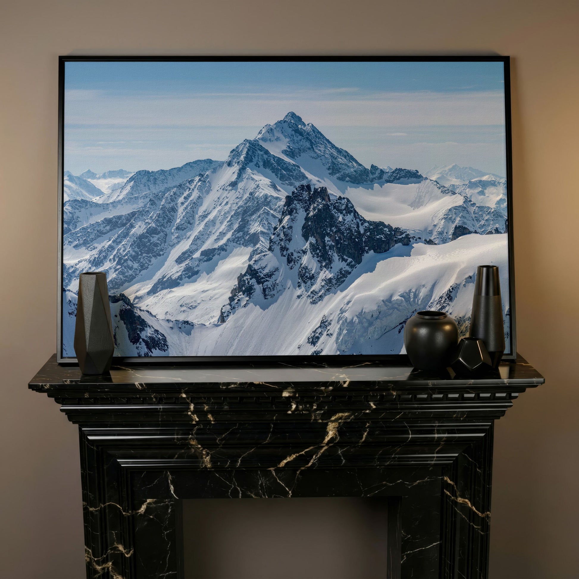 Snow Alps and Blue Sky Panoramic Canvas in black floating frame