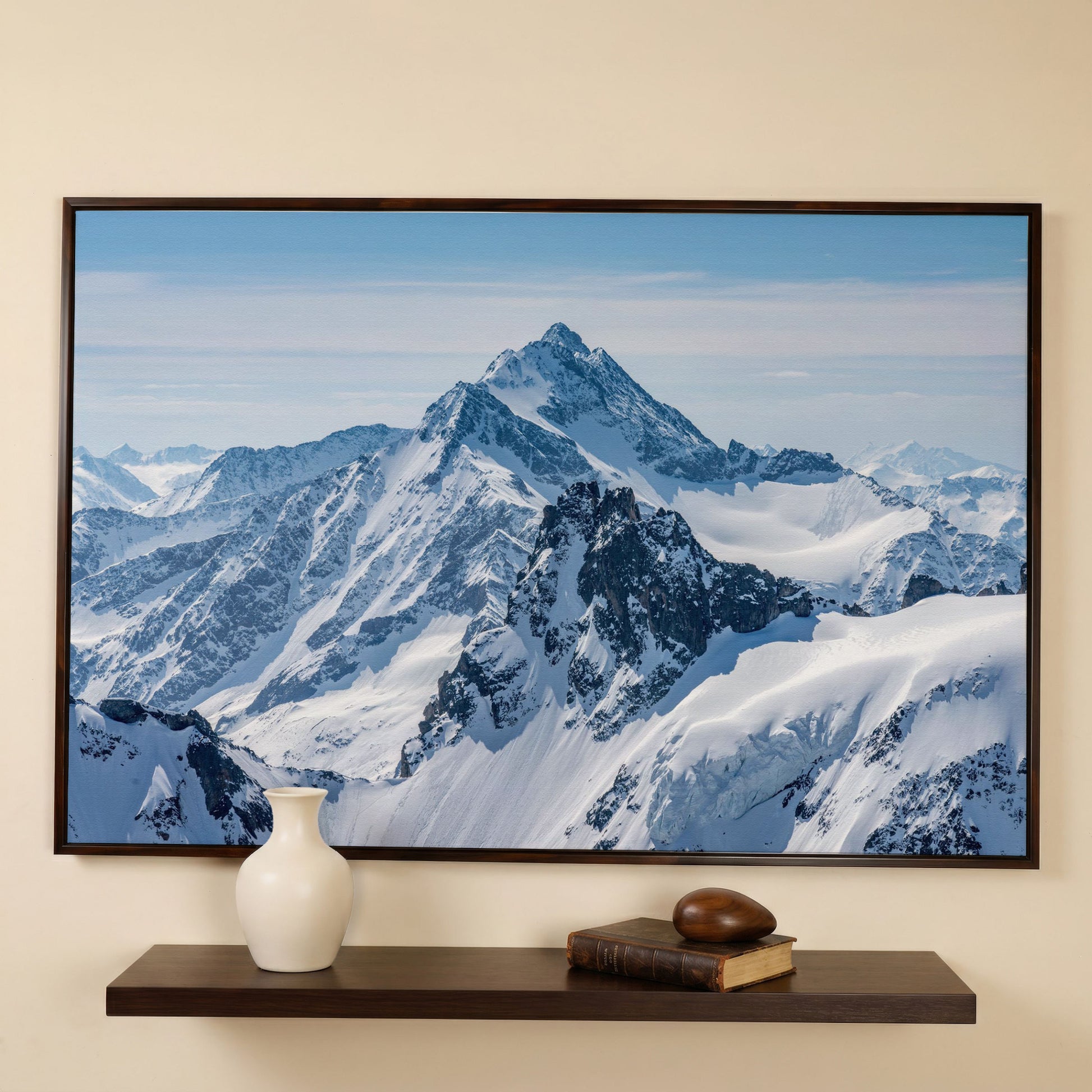 Snow Alps and Blue Sky Panoramic Canvas in dark walnut floating frame