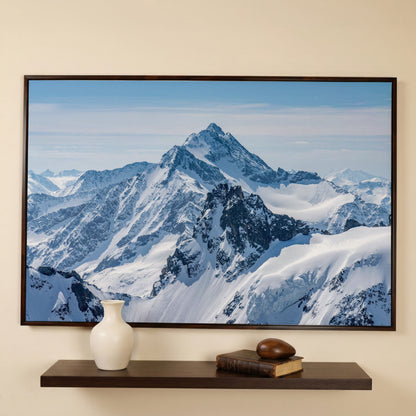 Snow Alps and Blue Sky Panoramic Canvas in dark walnut floating frame
