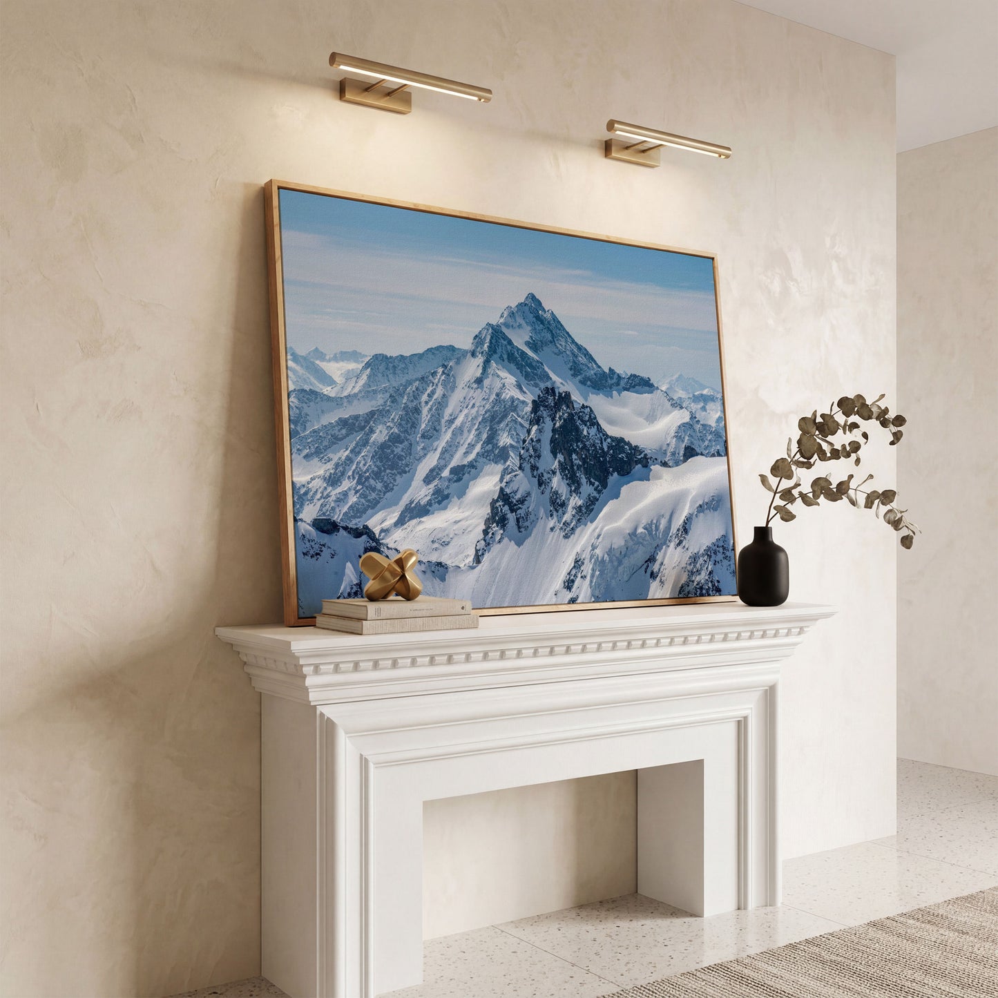 Snow Alps and Blue Sky Panoramic Canvas in white oak floating frame