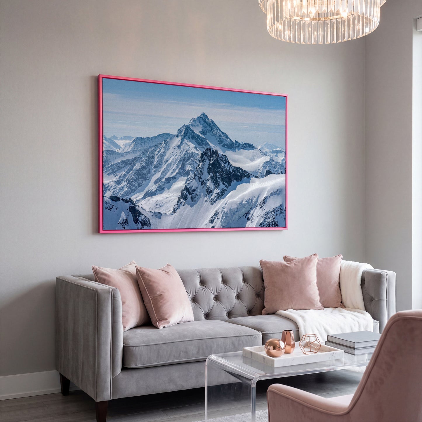 Snow Alps and Blue Sky Panoramic Canvas in pink floating frame