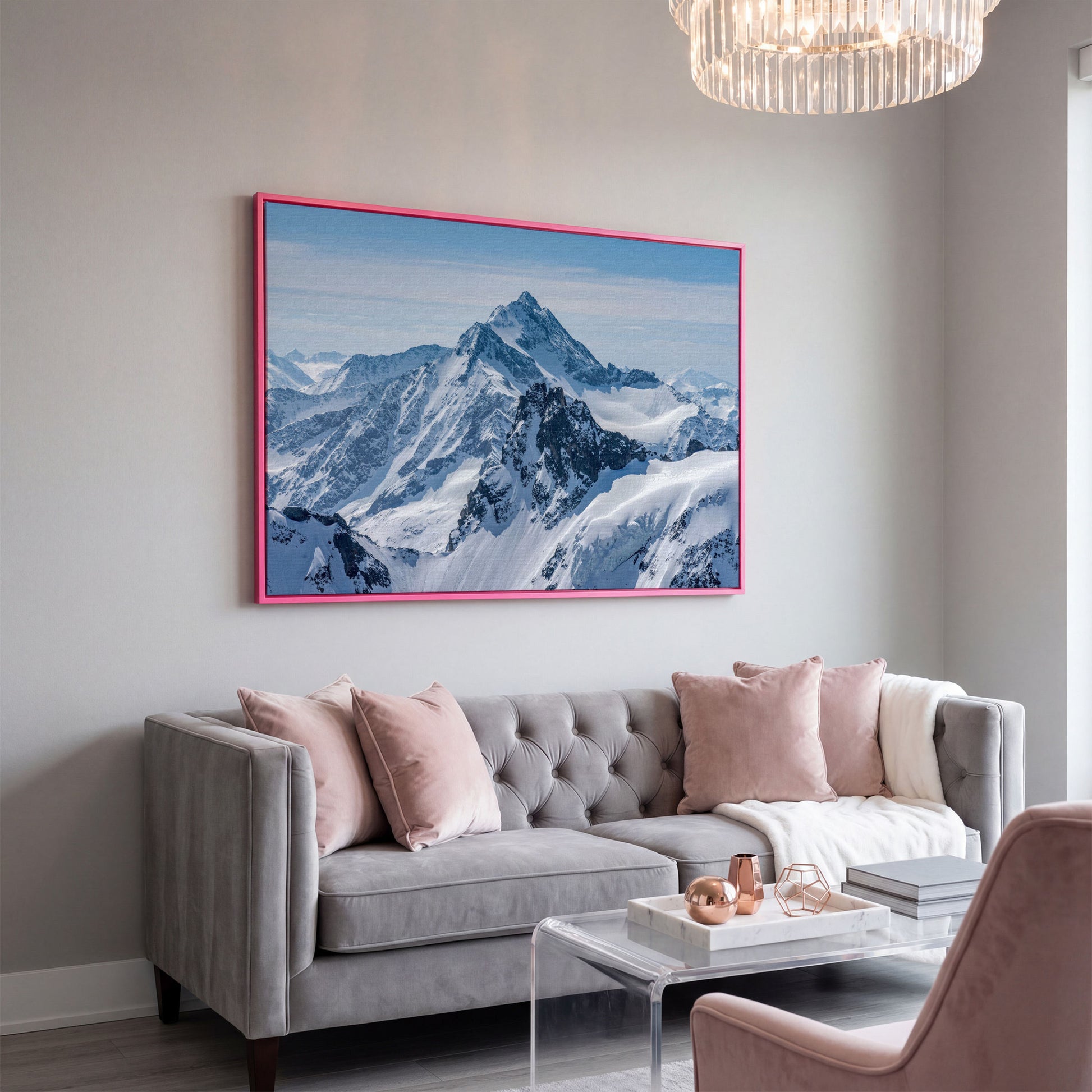 Snow Alps and Blue Sky Panoramic Canvas in pink floating frame