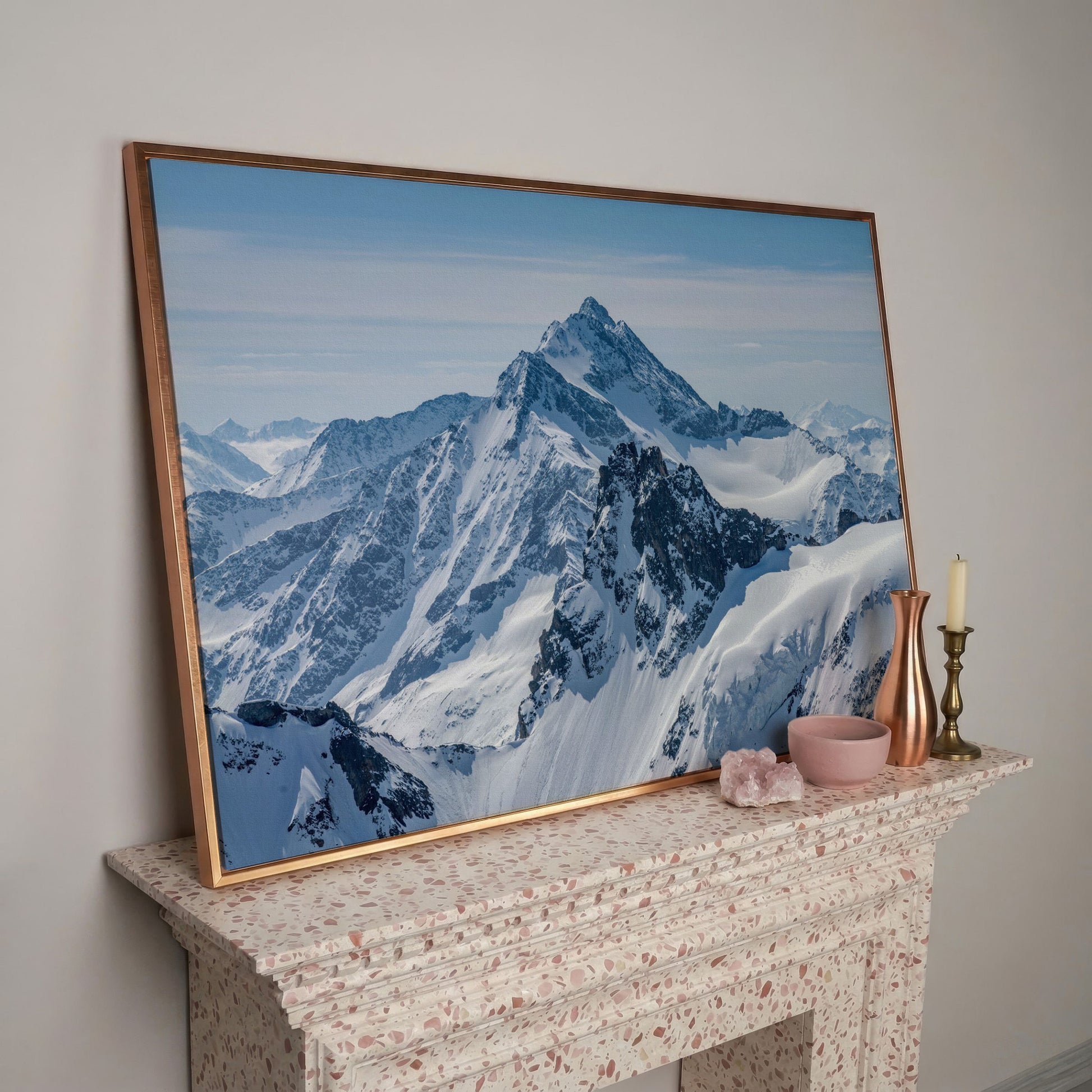 Snow Alps and Blue Sky Panoramic Canvas in rose gold floating frame