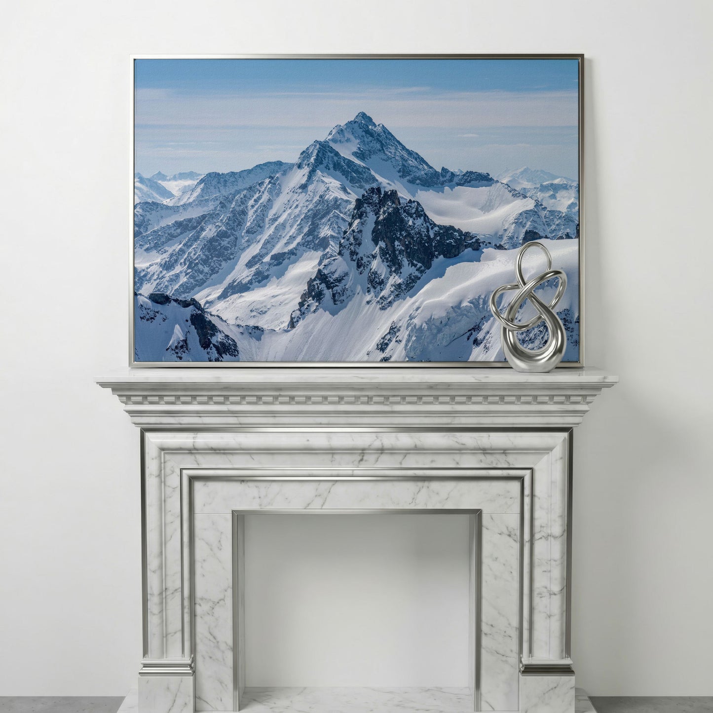 Snow Alps and Blue Sky Panoramic Canvas in silver floating frame