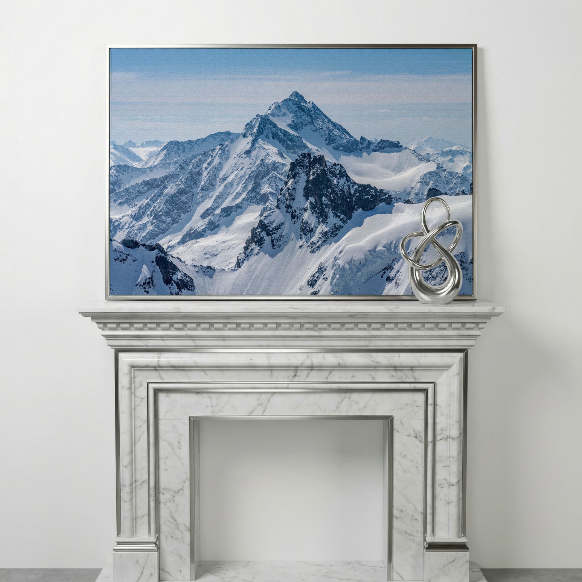 Snow Alps and Blue Sky Panoramic Canvas in silver floating frame