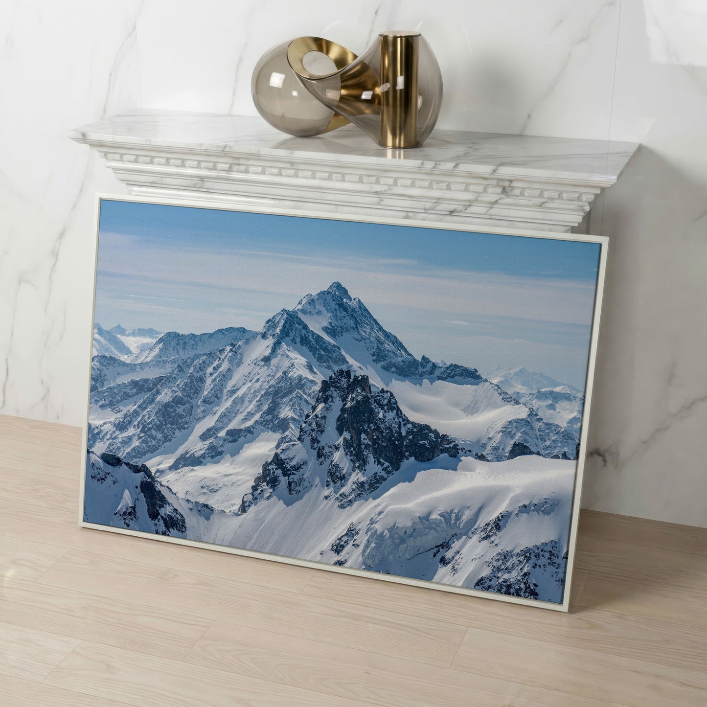 Snow Alps and Blue Sky Panoramic Canvas in white floating frame