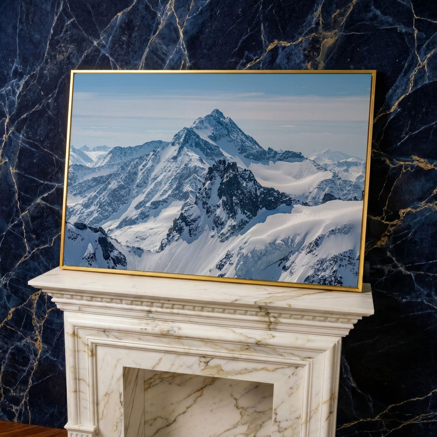 Snow Alps and Blue Sky Panoramic Canvas in yellow gold floating frame