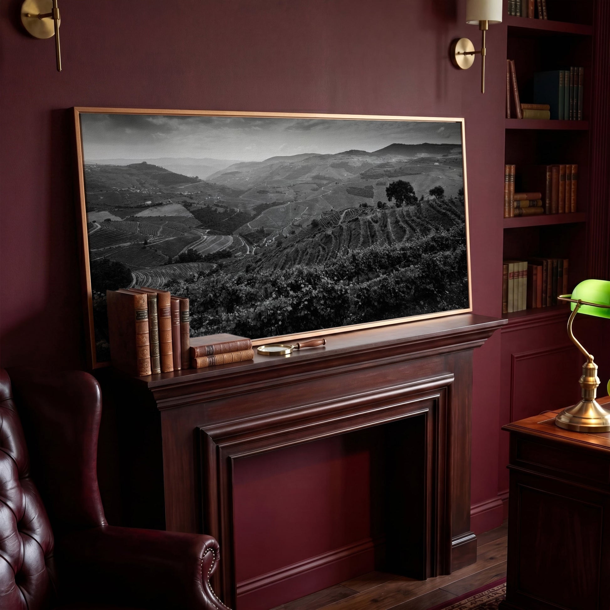 Douro Valley Vineyard Landscape Canvas in antique gold floating frame