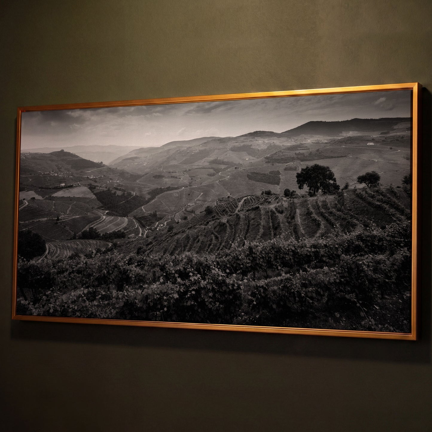 Douro Valley Vineyard Landscape Canvas shown in antique gold floating frame