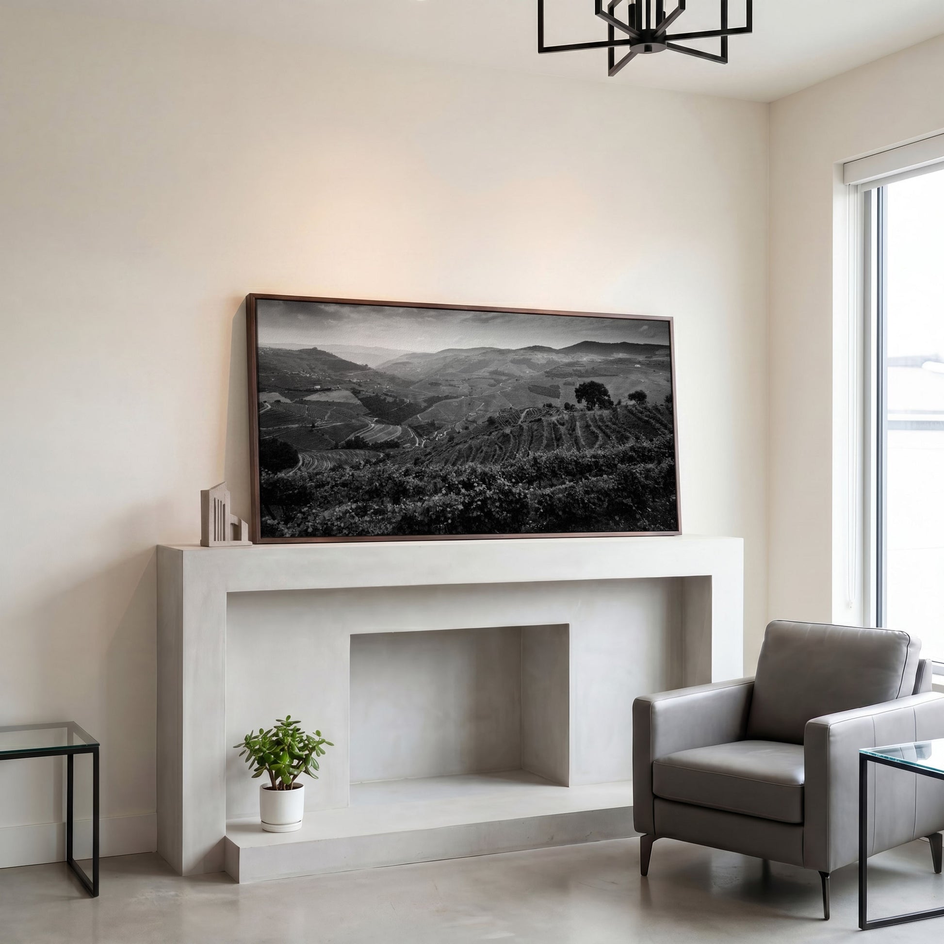 Douro Valley Vineyard Landscape Canvas in dark walnut floating frame