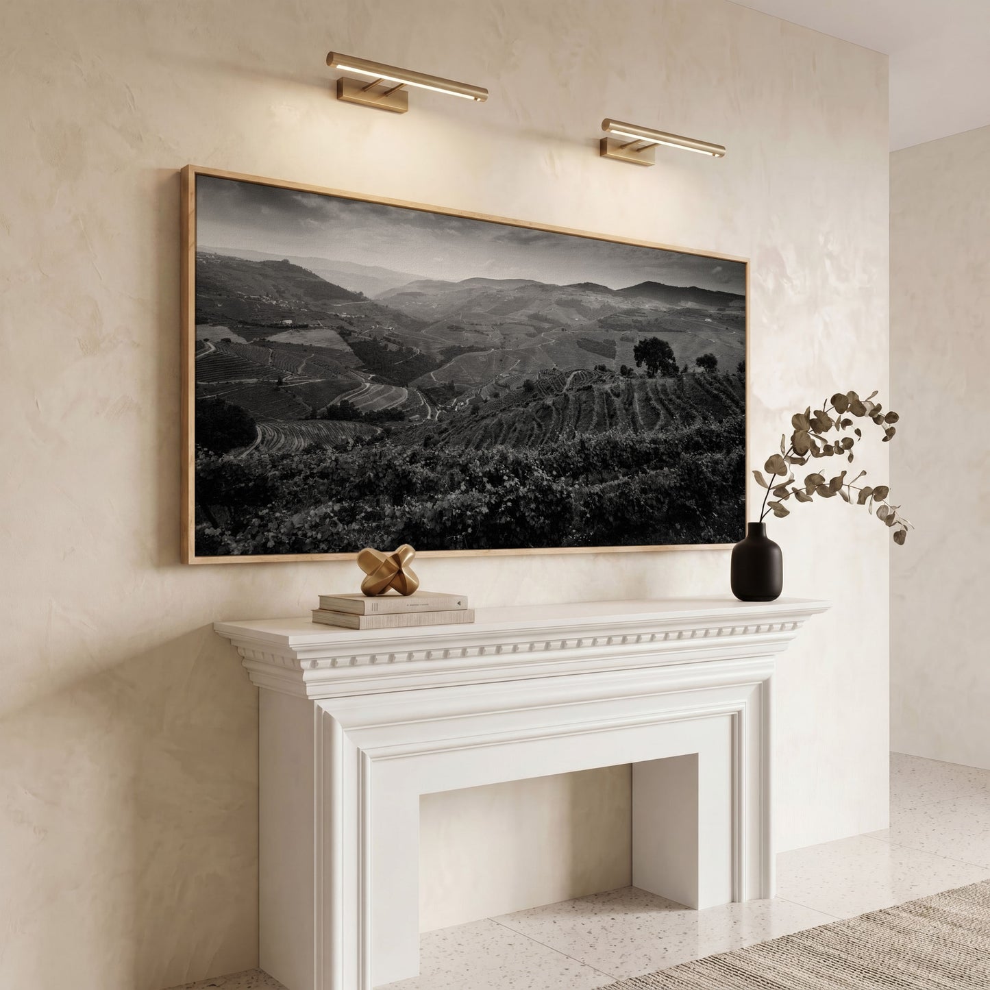 Douro Valley Vineyard Landscape Canvas in white oak floating frame