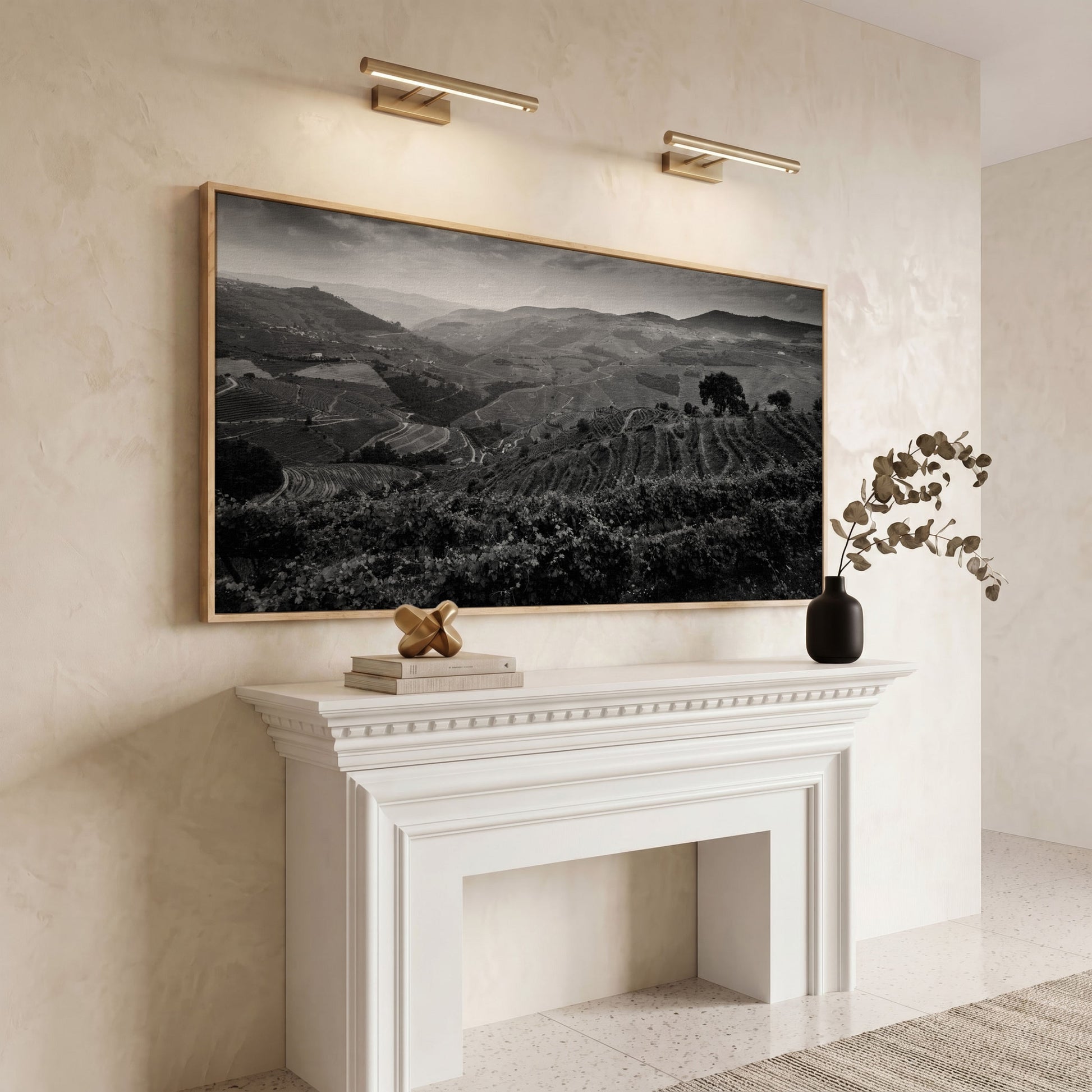 Douro Valley Vineyard Landscape Canvas in white oak floating frame
