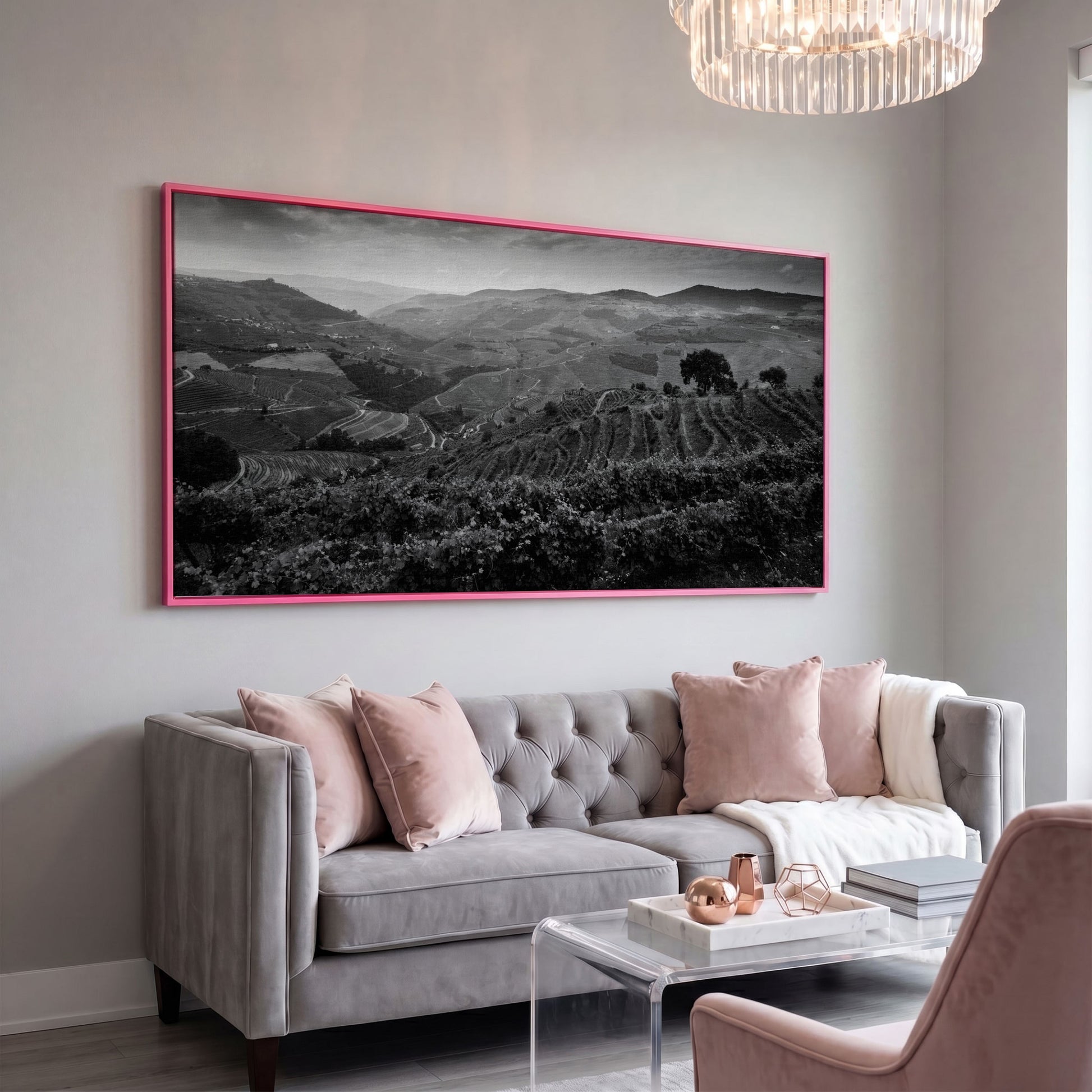 Douro Valley Vineyard Landscape Canvas in pink floating frame