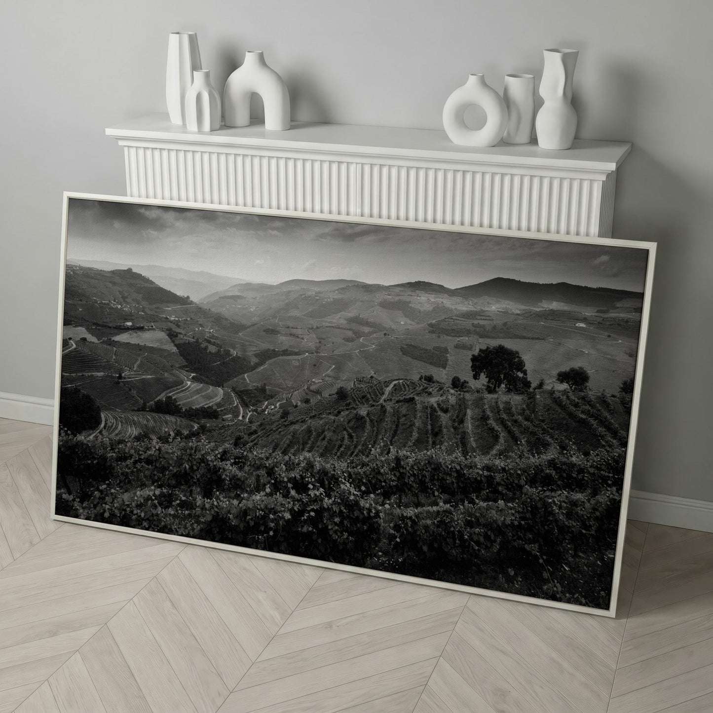 Douro Valley Vineyard Landscape Canvas in white floating frame