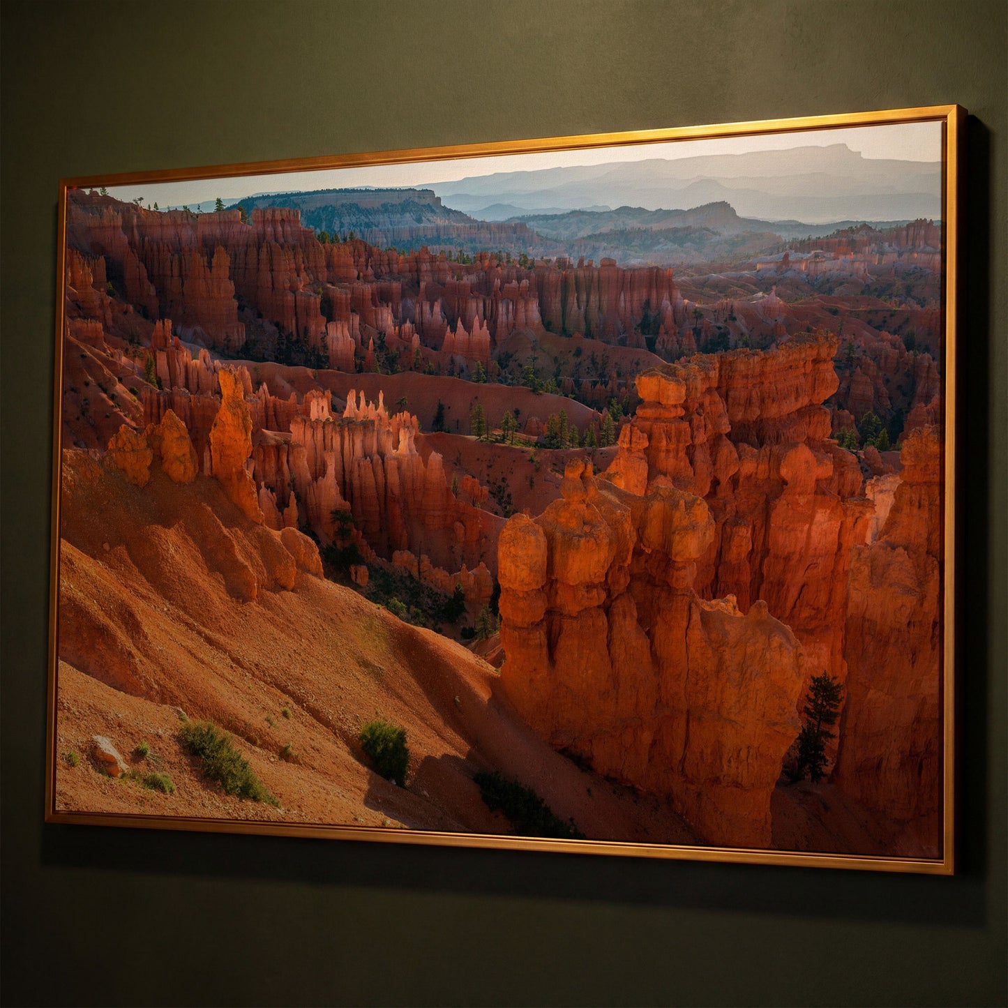 Bryce Canyon Hoodoos Canvas Wall Art shown in antique gold floating frame