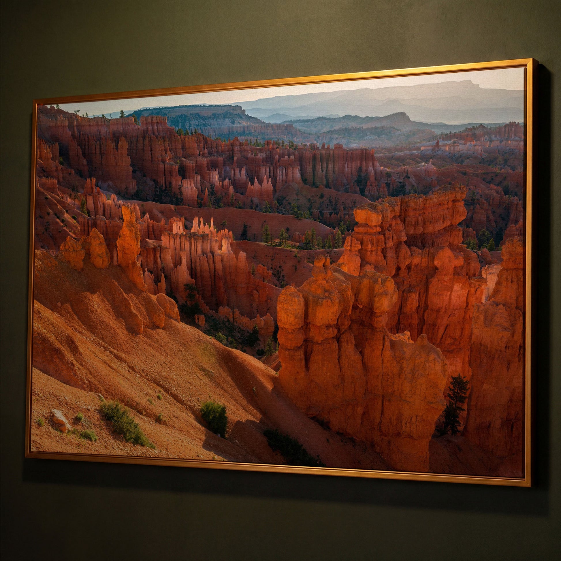 Bryce Canyon Hoodoos Canvas Wall Art shown in antique gold floating frame