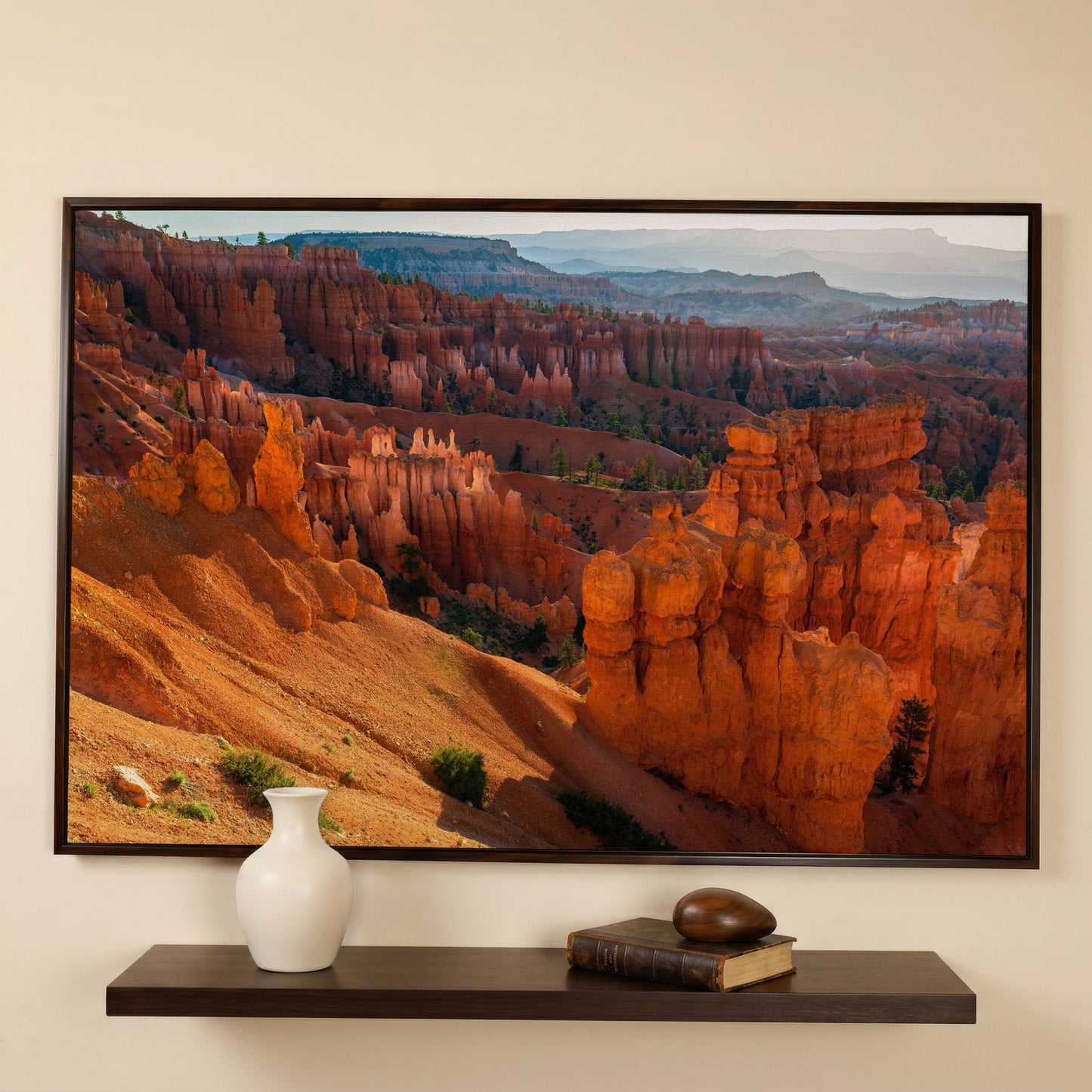 Bryce Canyon Hoodoos Canvas Wall Art in dark walnut floating frame