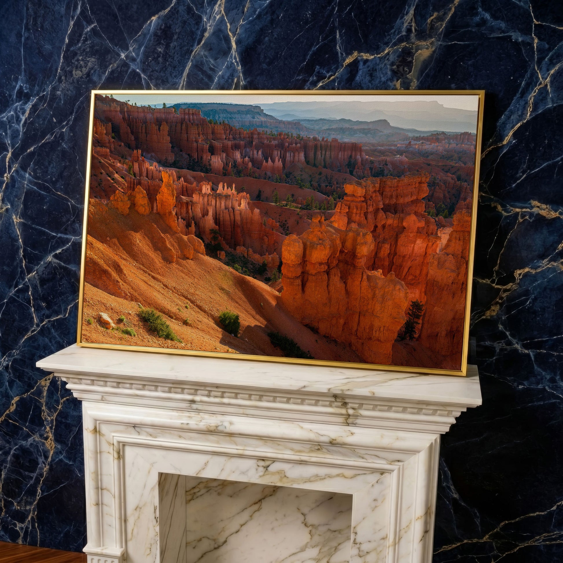Bryce Canyon Hoodoos Canvas Wall Art in yellow gold floating frame