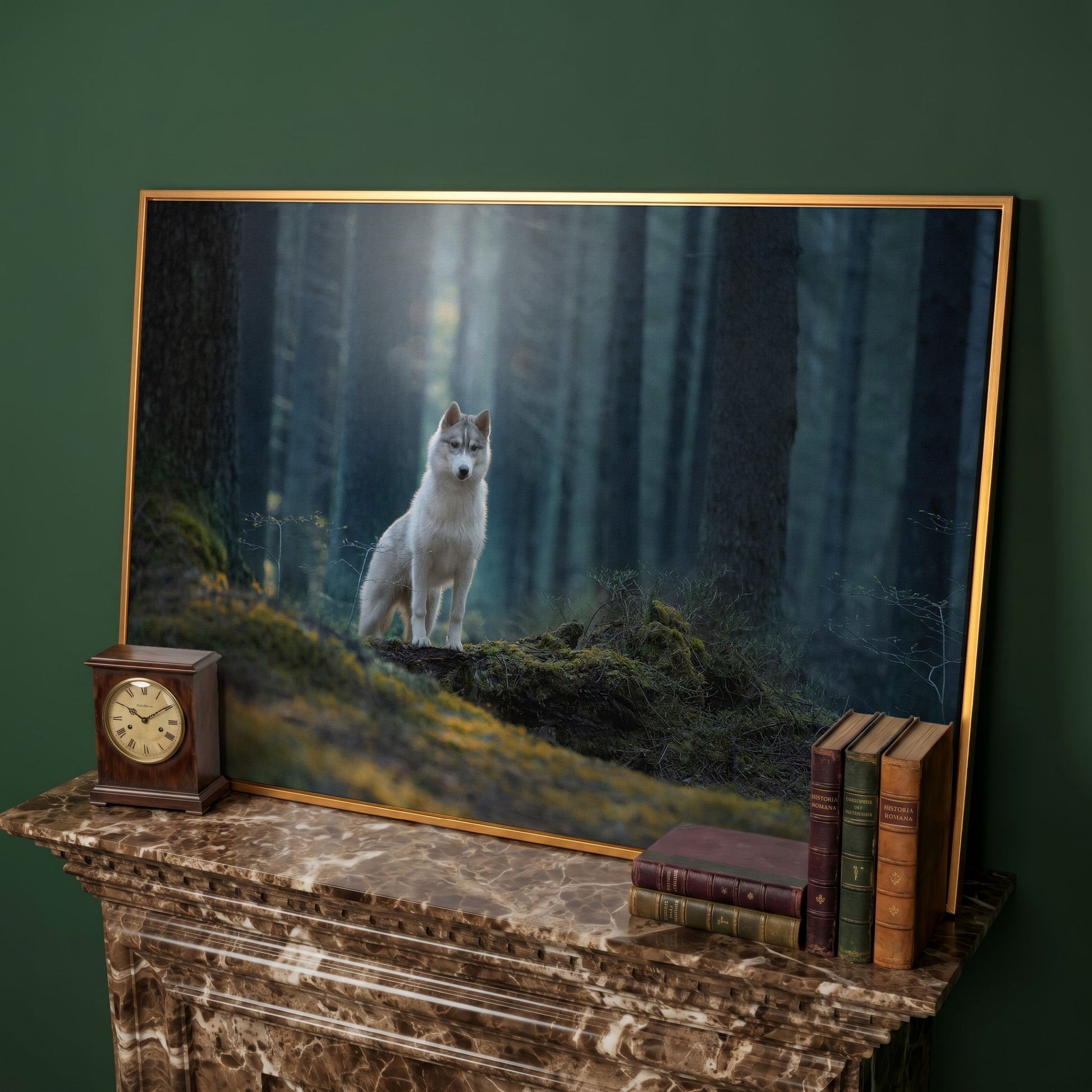 Siberian Husky in Winter Forest Canvas in antique gold floating frame