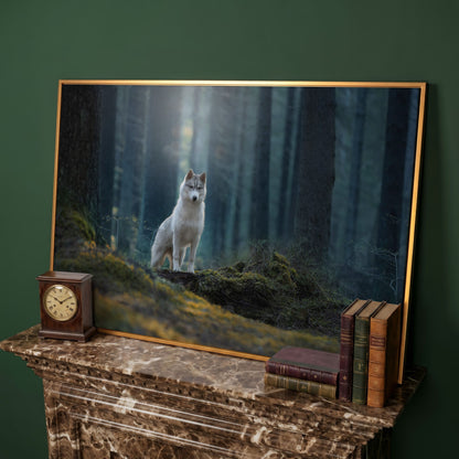 Siberian Husky in Winter Forest Canvas in antique gold floating frame