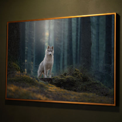 Siberian Husky in Winter Forest Canvas shown in antique gold floating frame