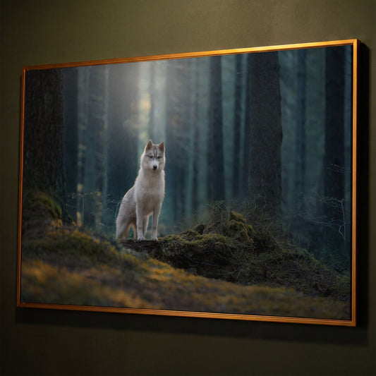Siberian Husky in Winter Forest Canvas shown in antique gold floating frame