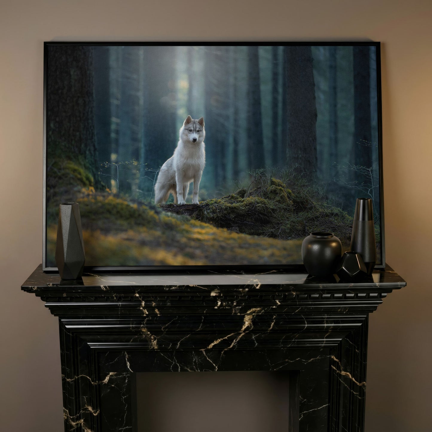 Siberian Husky in Winter Forest Canvas in black floating frame