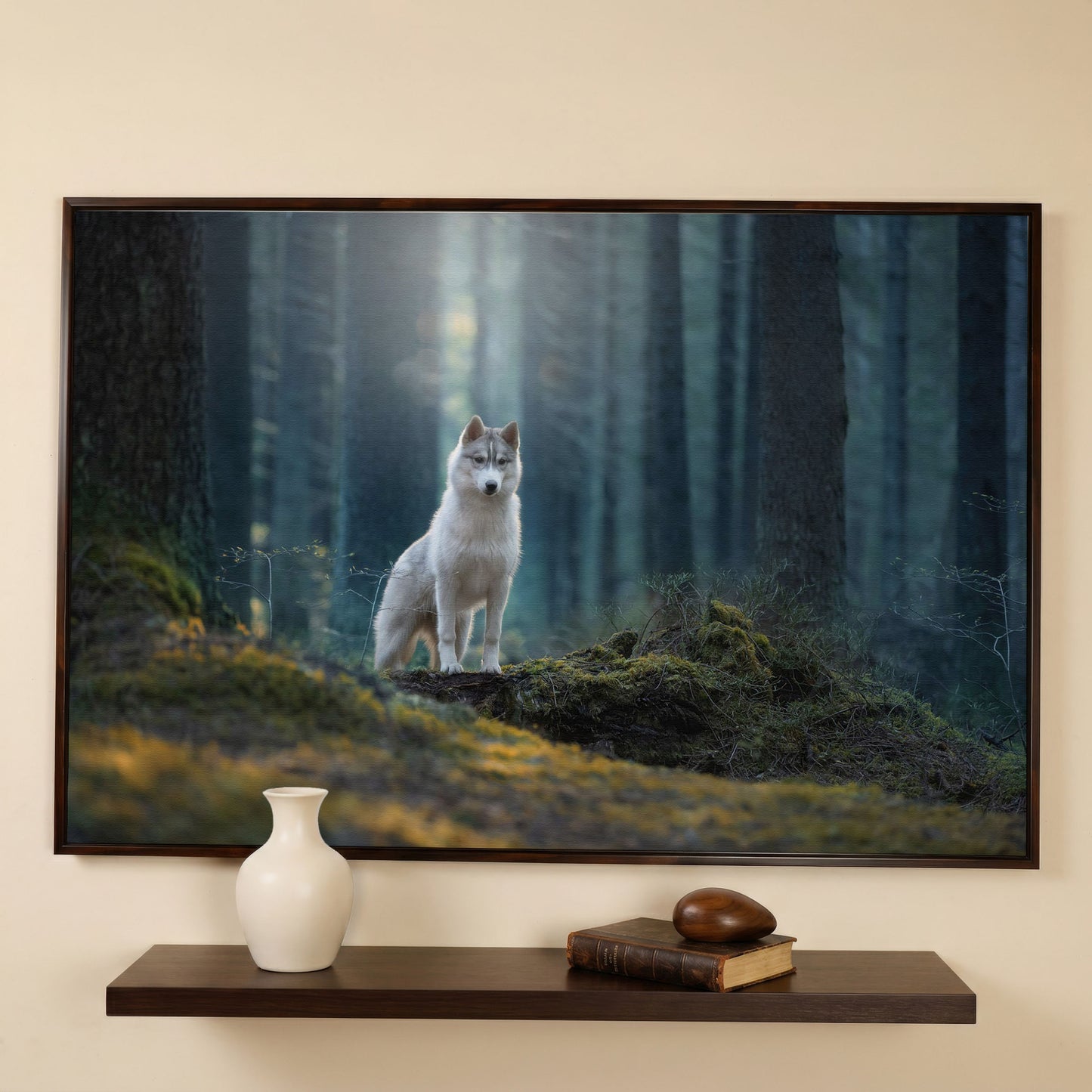 Siberian Husky in Winter Forest Canvas in dark walnut floating frame