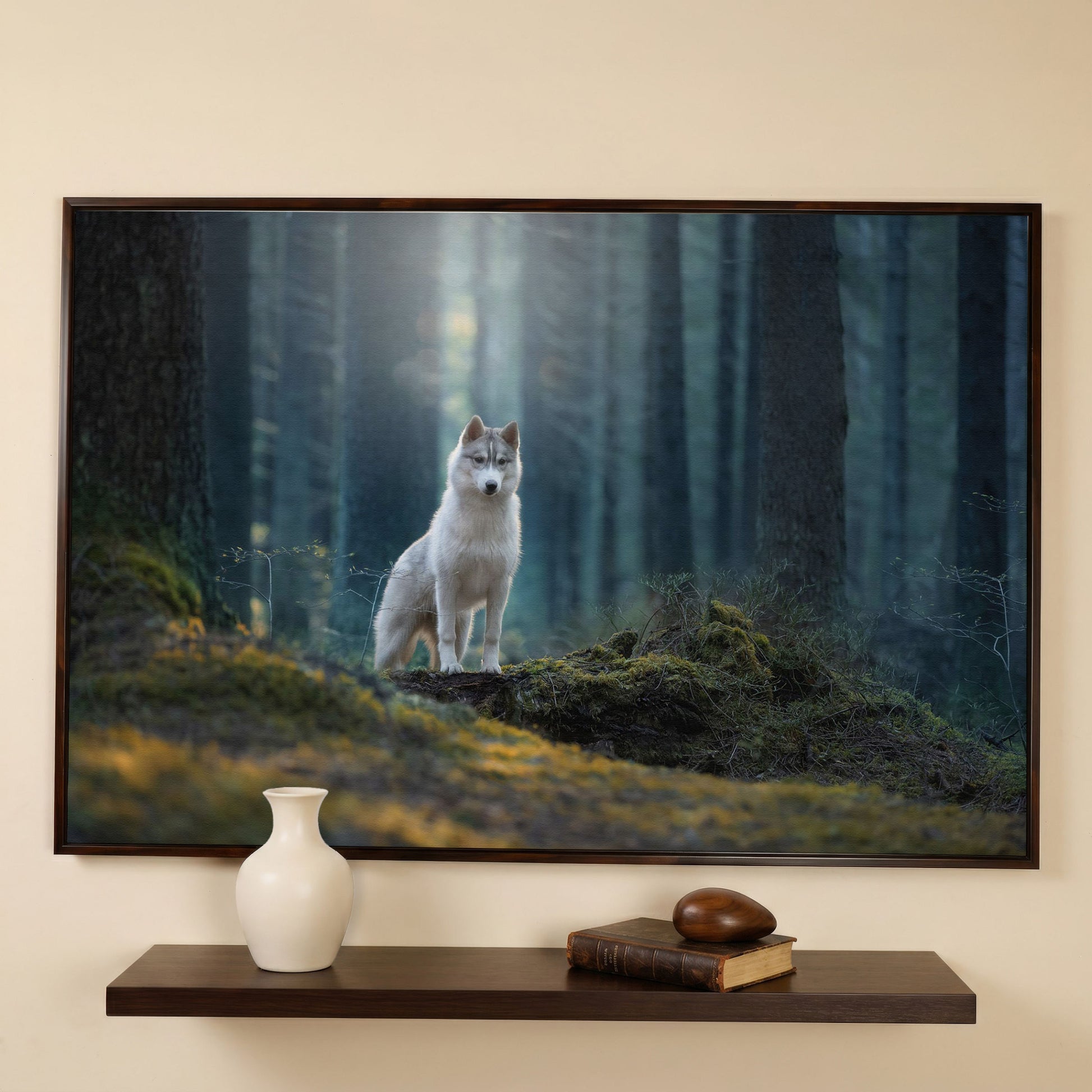 Siberian Husky in Winter Forest Canvas in dark walnut floating frame