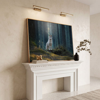 Siberian Husky in Winter Forest Canvas in white oak floating frame