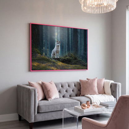 Siberian Husky in Winter Forest Canvas in pink floating frame