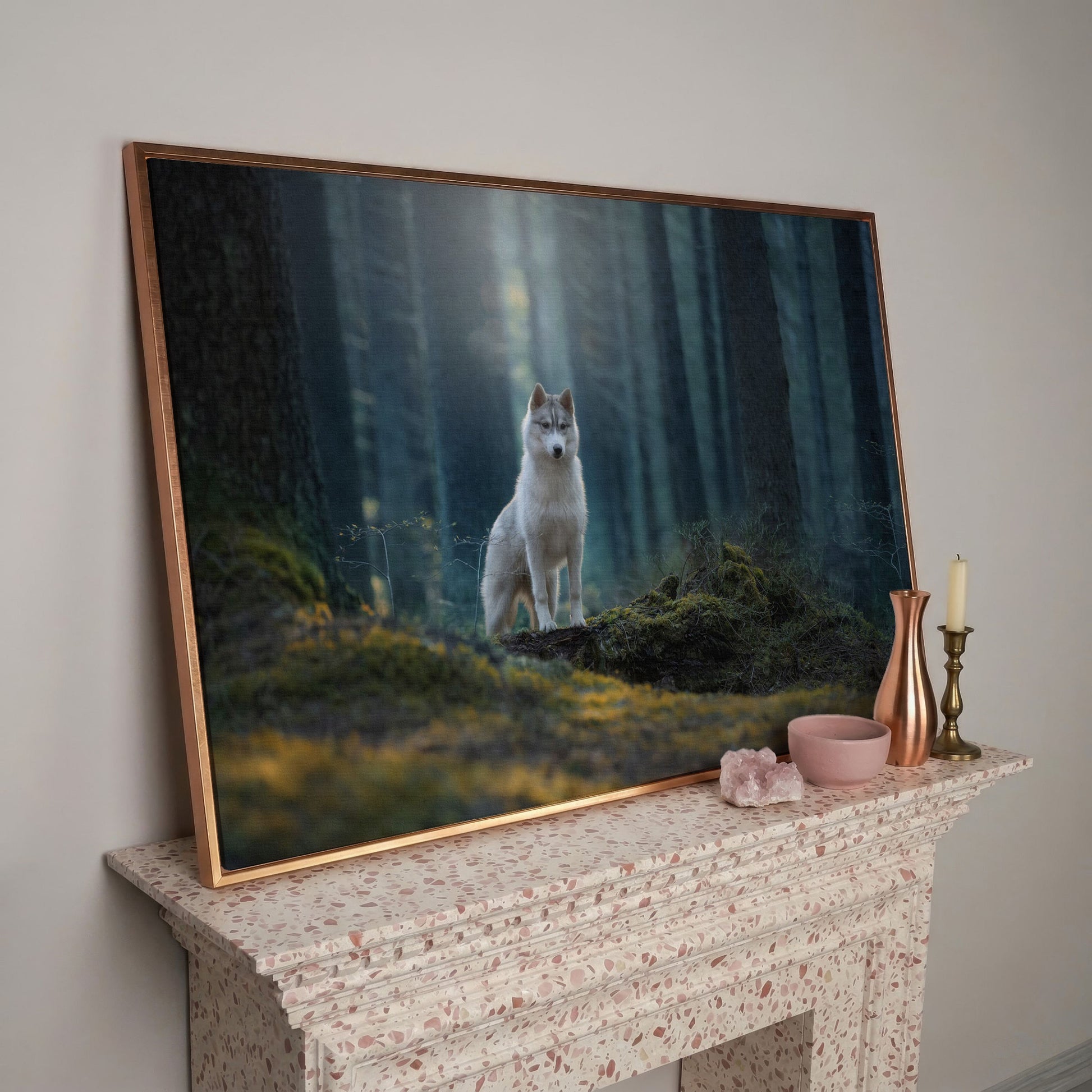 Siberian Husky in Winter Forest Canvas in rose gold floating frame