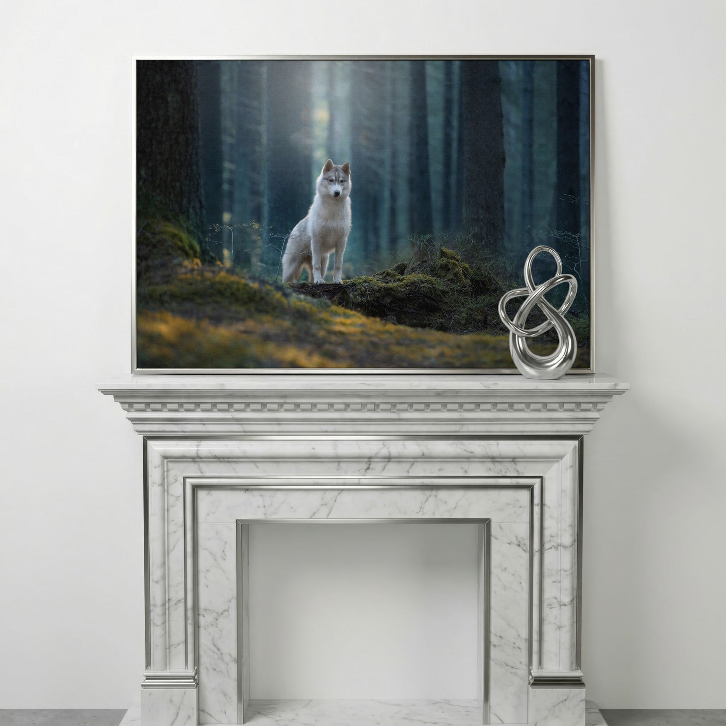 Siberian Husky in Winter Forest Canvas in silver floating frame